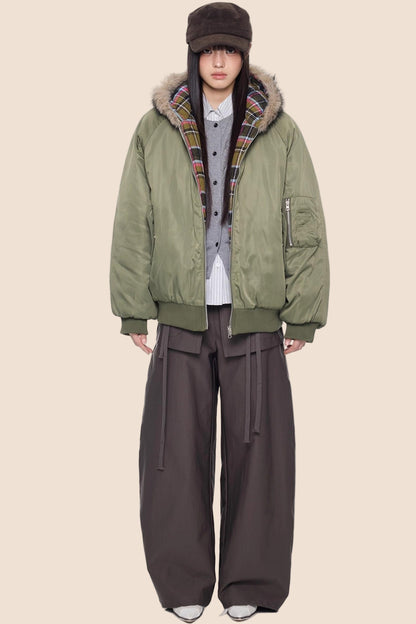 Fur Collar Plaid Parka Jacket