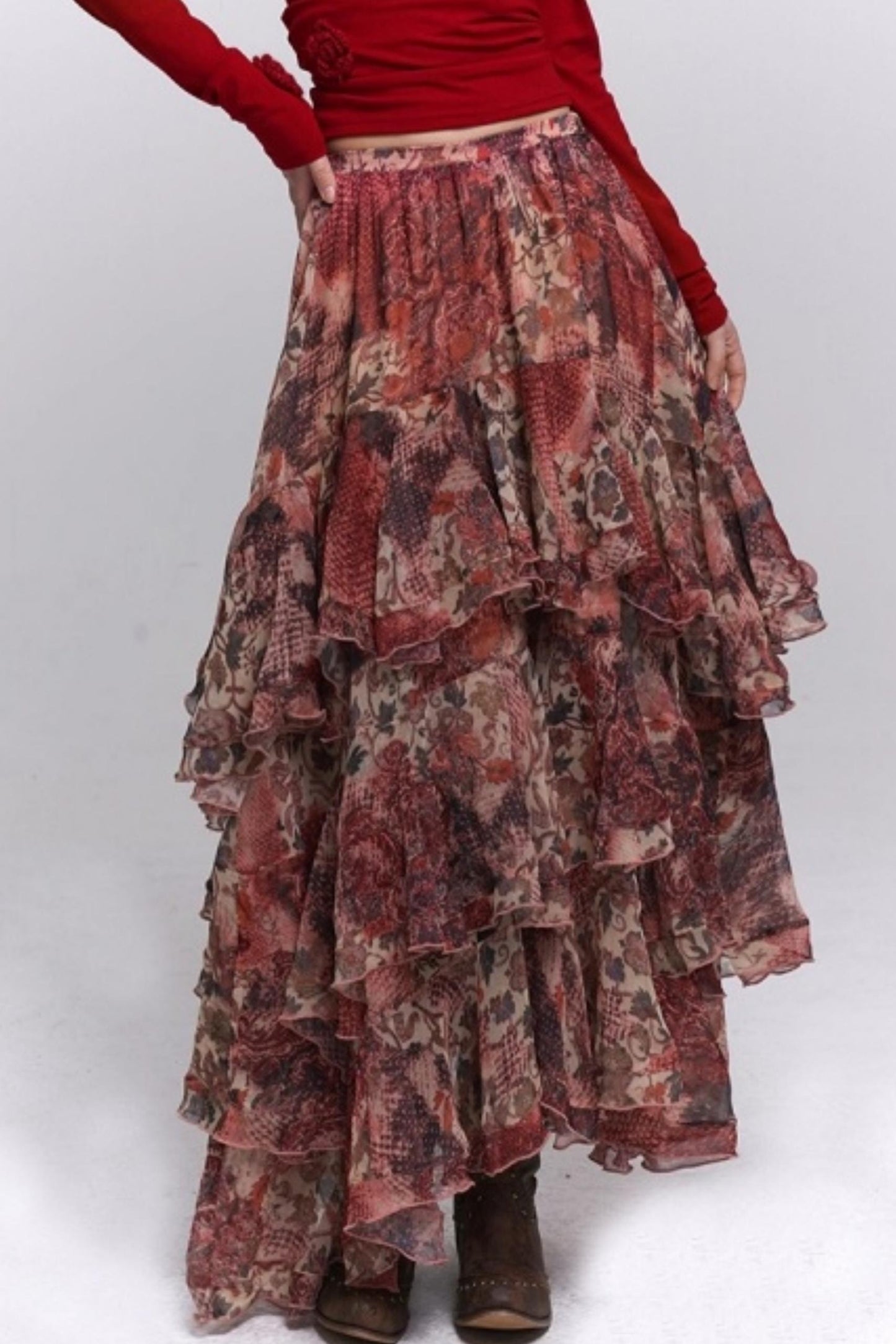 Red Floral Tiered Skirt