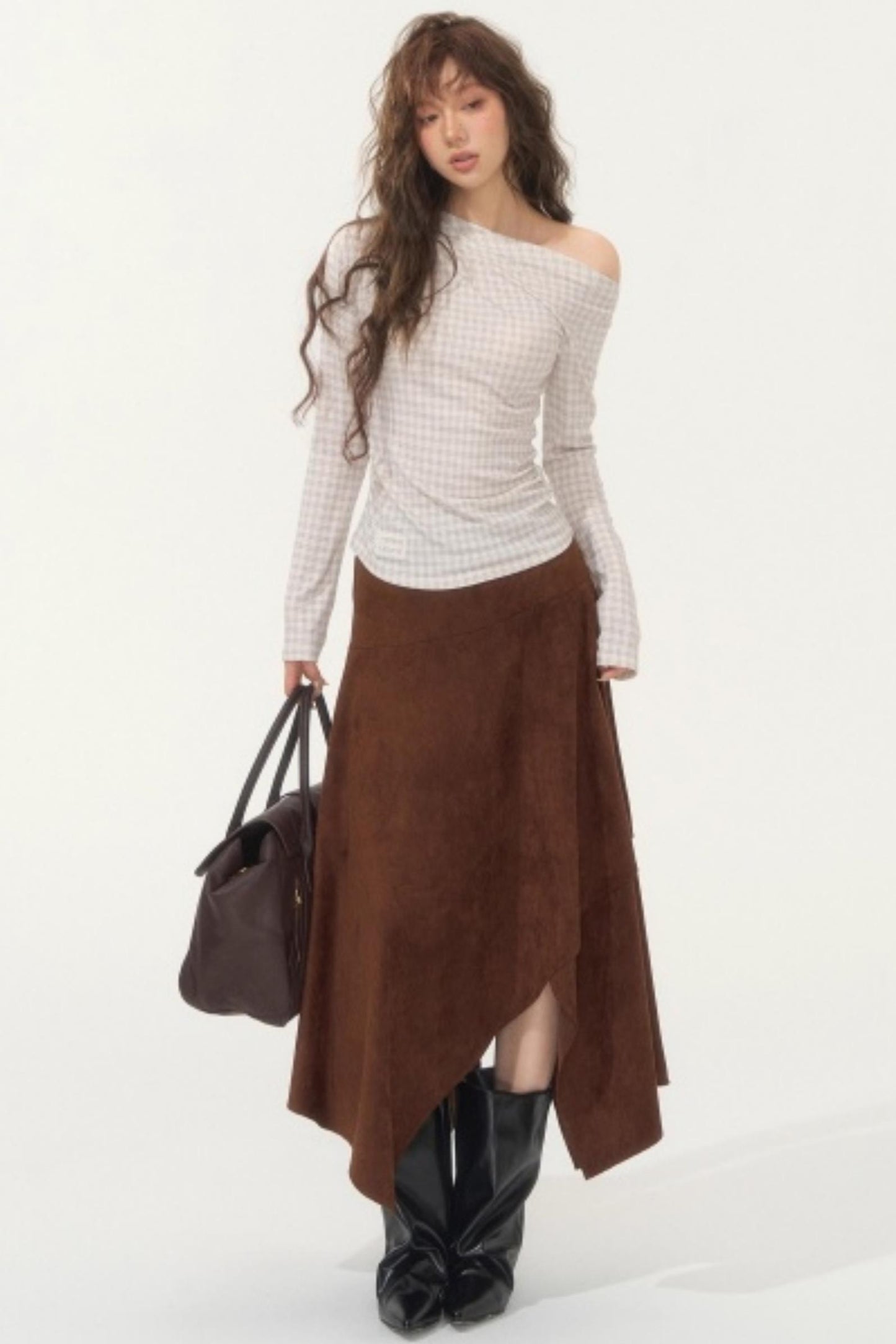 Velvet Plaid One-Shoulder Top