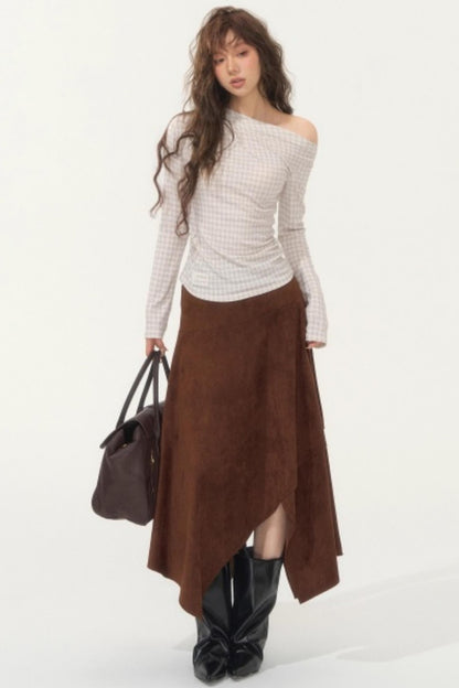 Velvet Plaid One-Shoulder Top