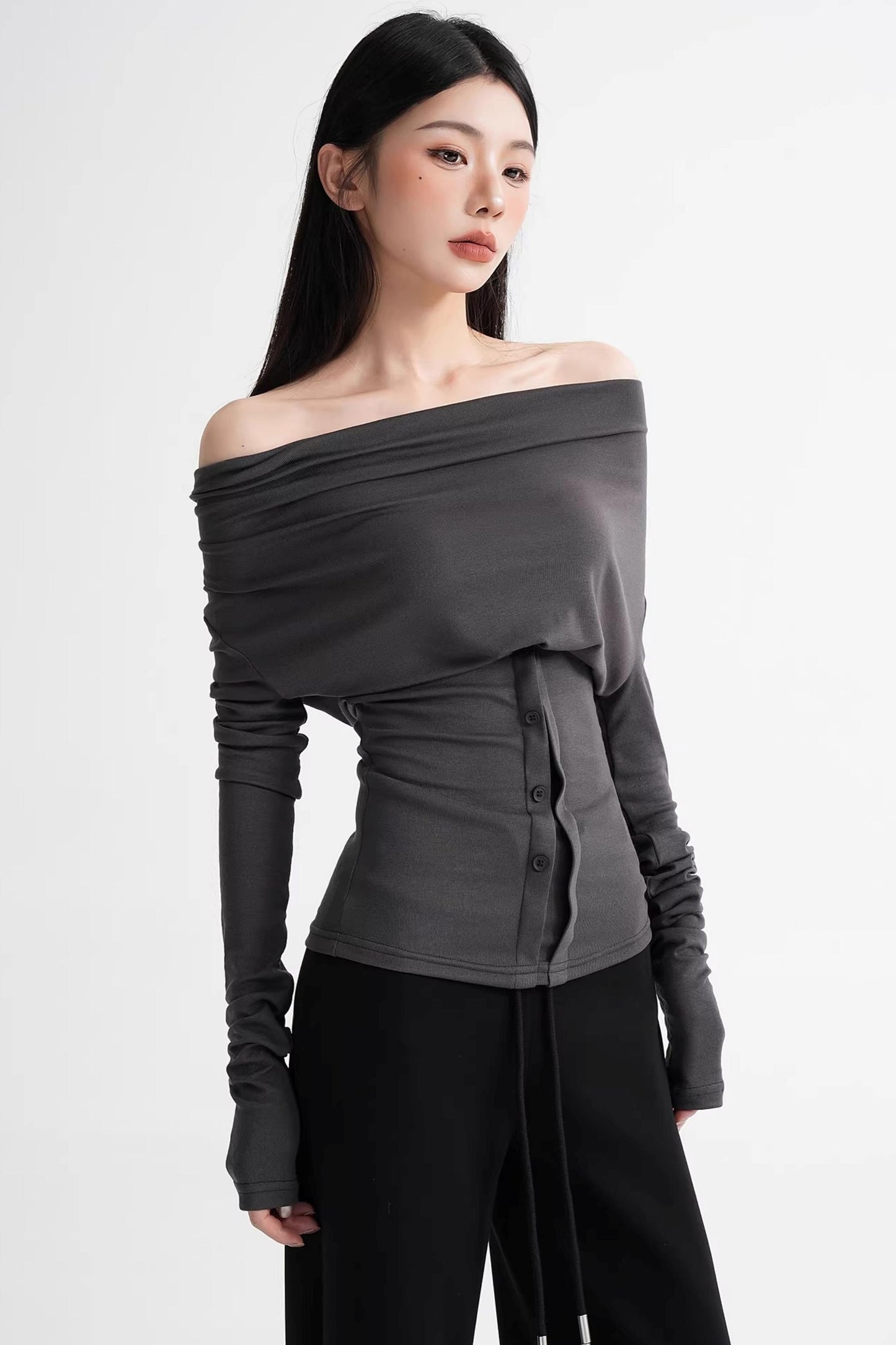 Wool Lyocell Off-Shoulder Top