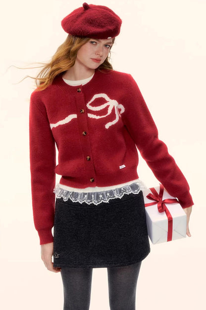 Bow Jacquard Cardigan Sweater