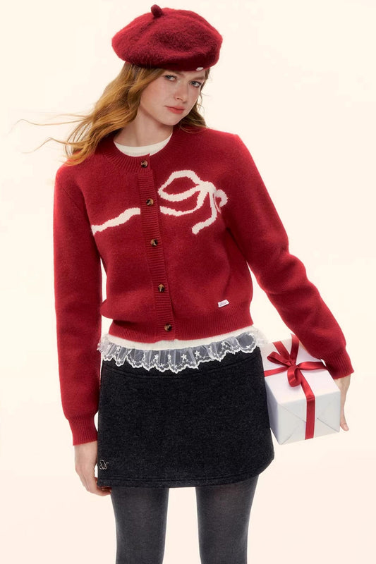 Bow Jacquard Cardigan Sweater