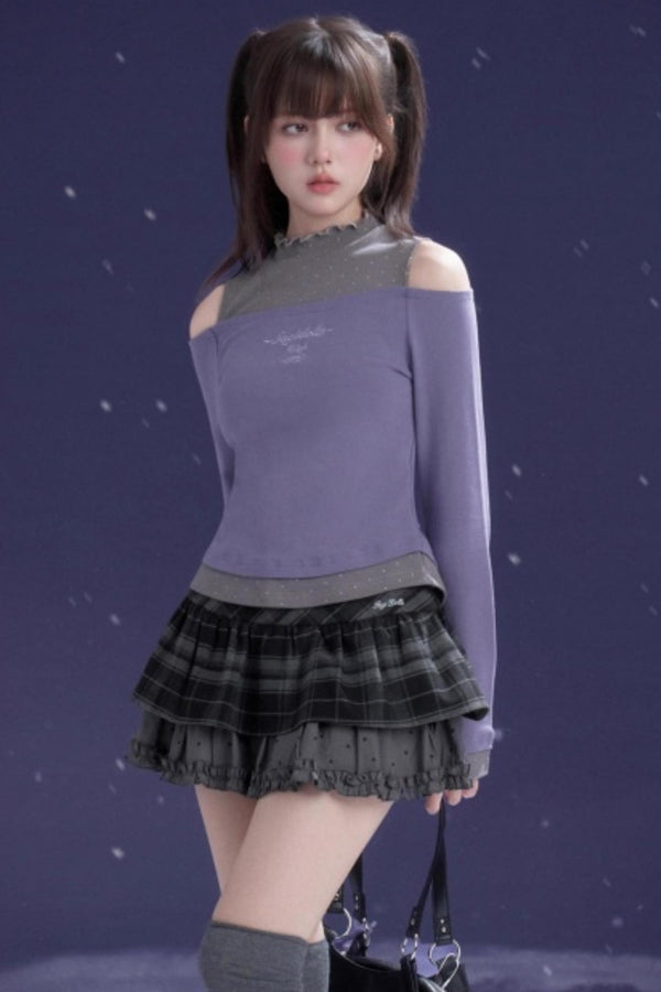 Gray-Purple Bowknot Off-Shoulder Top