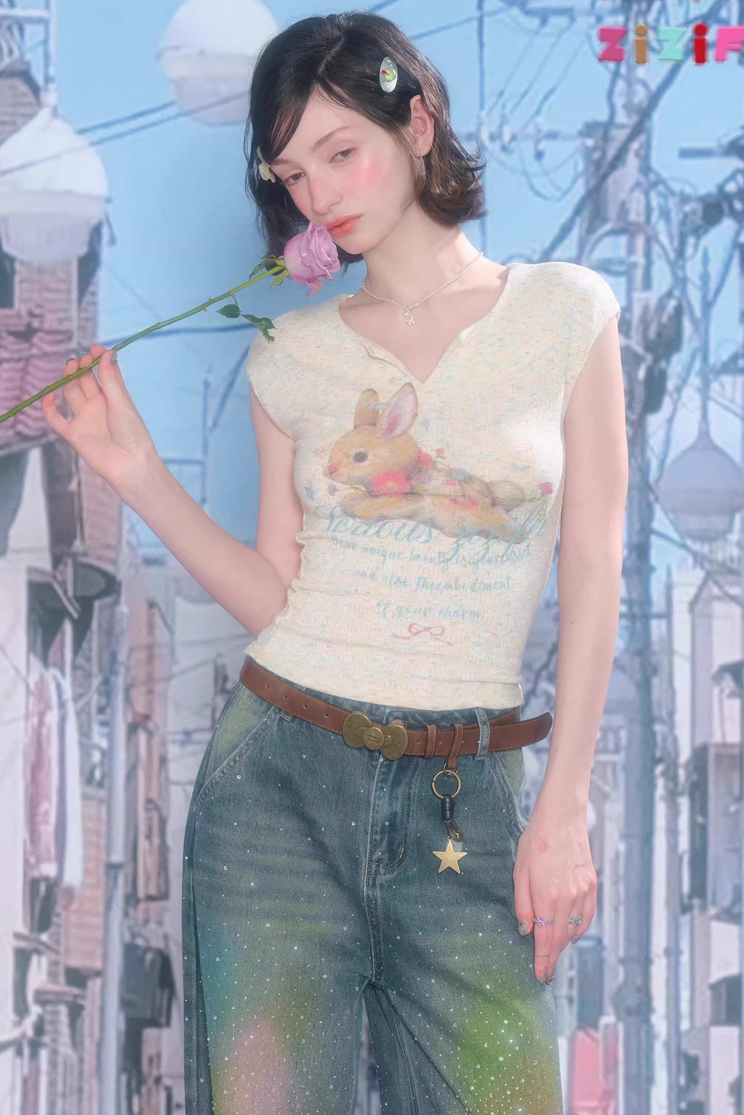 Apricot Rabbit Print Top