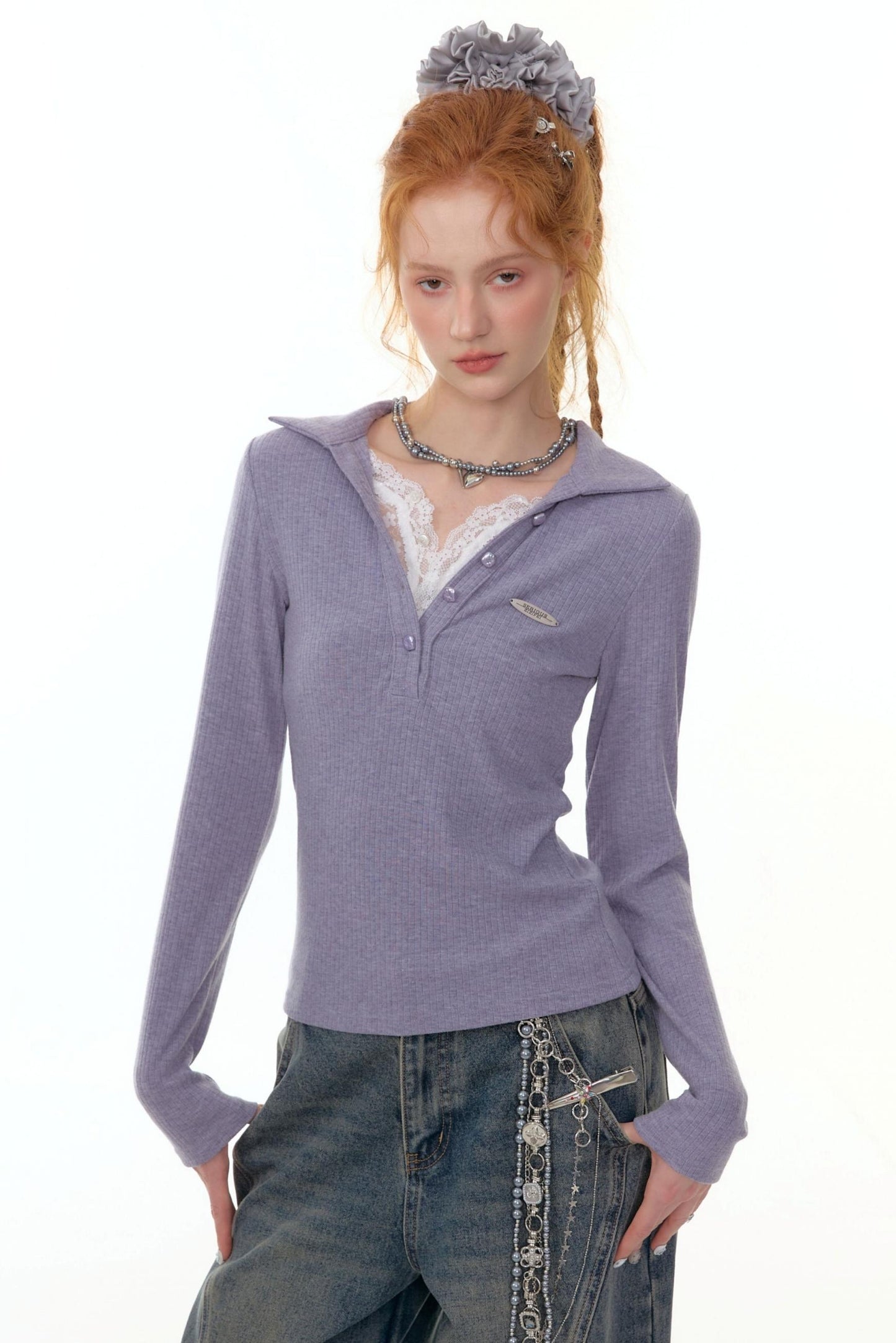 American Lace Polo Collar Knit Top