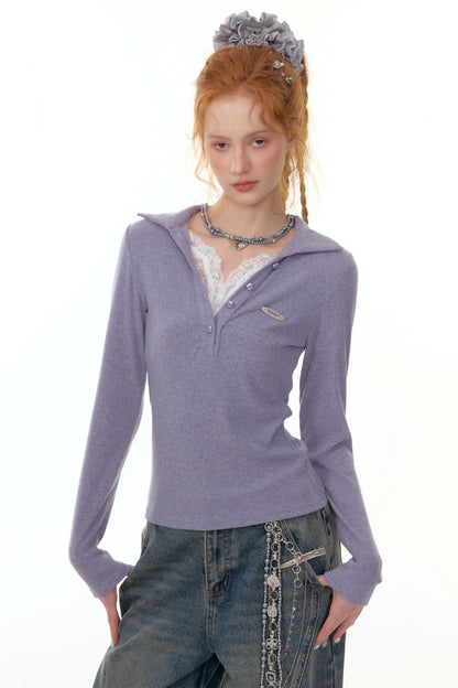 American Lace Polo Collar Knit Top