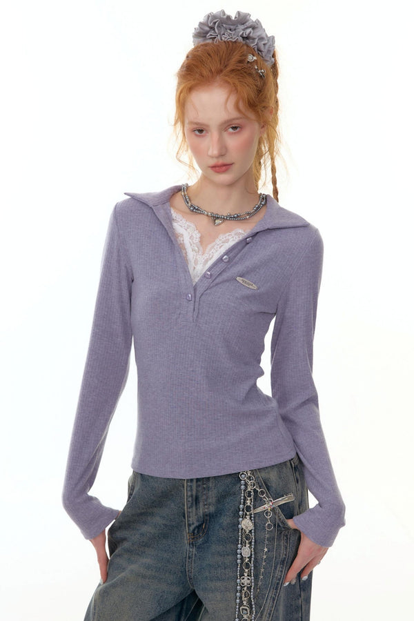 American Lace Polo Collar Knit Top