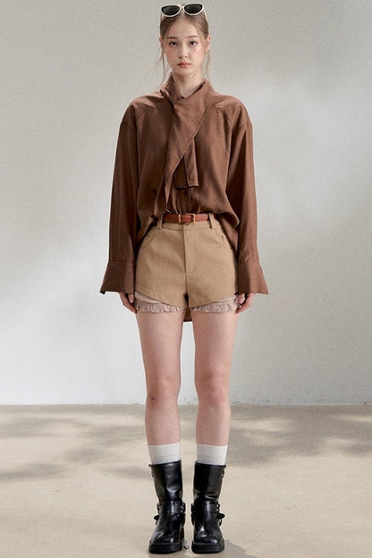 Yellow Lace-up Stand Collar Shirt