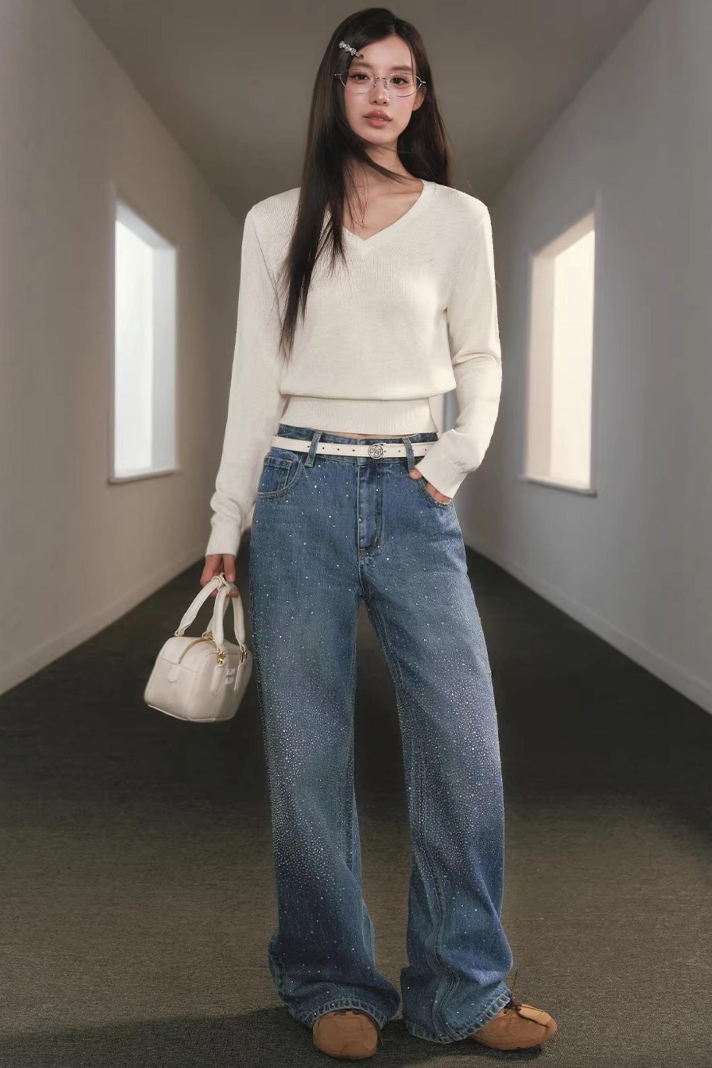 V-Neck Waist-Cinching Knit Sweater