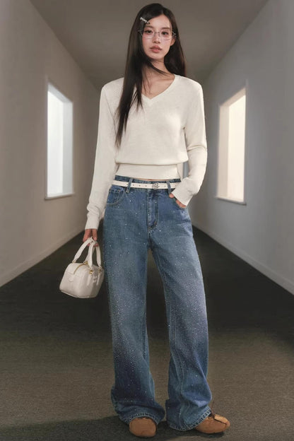 V-Neck Waist-Cinching Knit Sweater