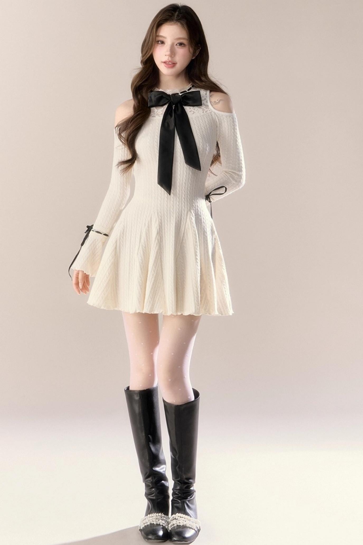 French Knitted Long-Sleeved Dress