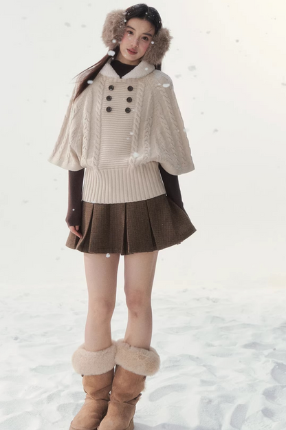 Coffee-Colored Fur Collar Cape Sweater