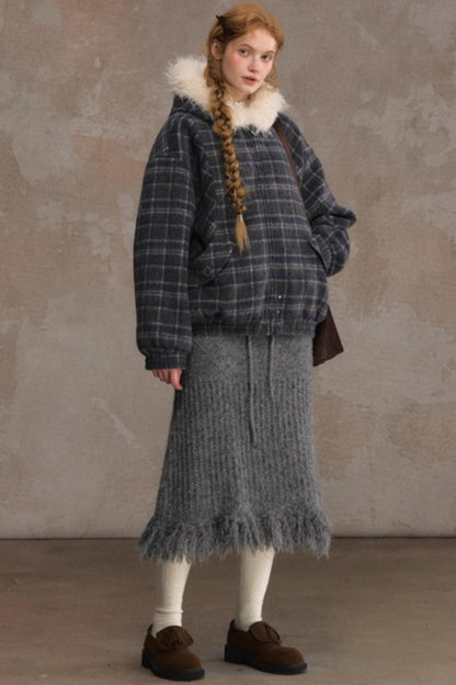 Elk Fur Collar Plaid Woolen Jacket