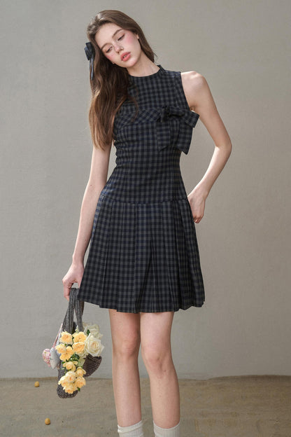 Elegant Bow Halterneck Check Pleated Dress