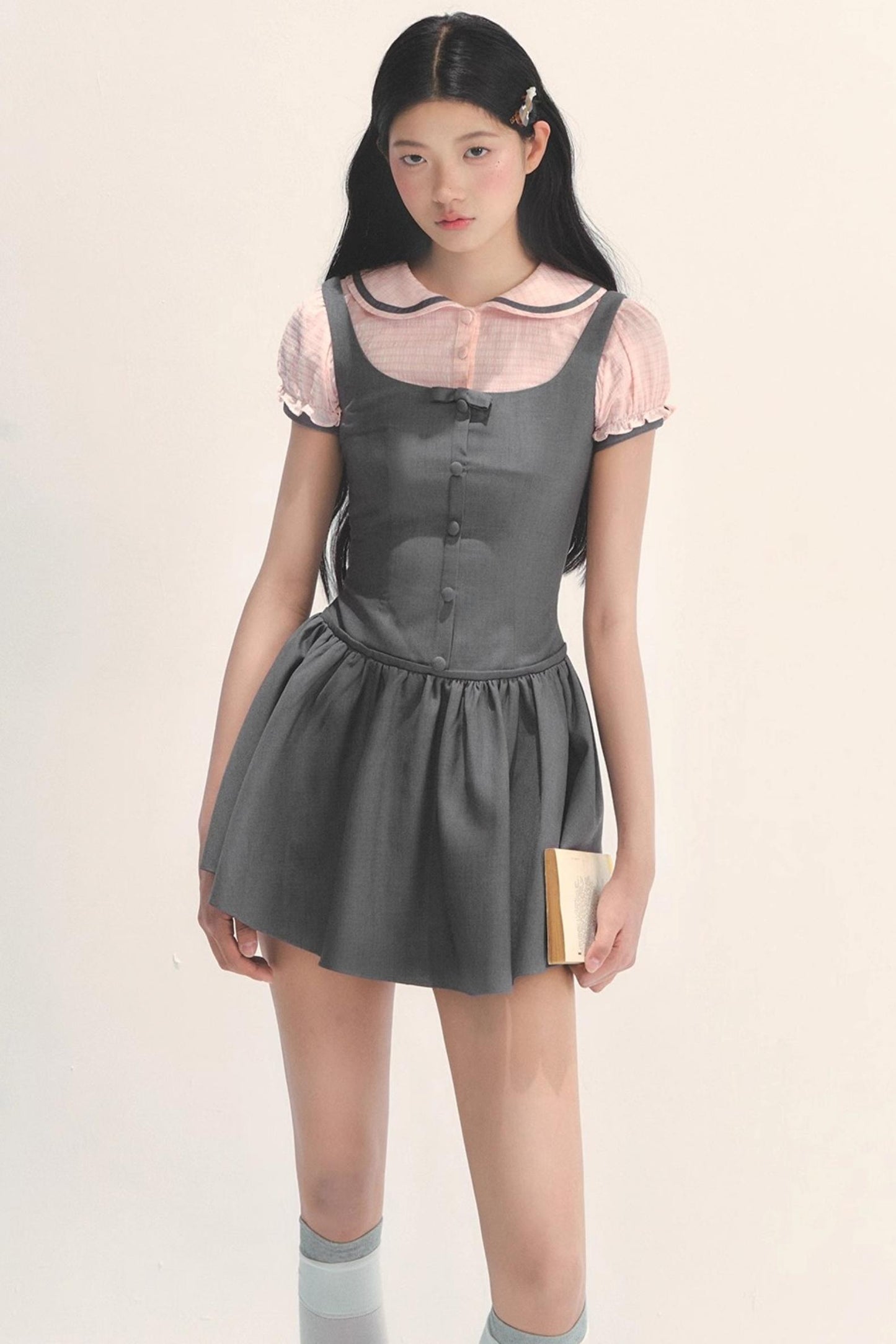 College Style Gray Pink Check Dress