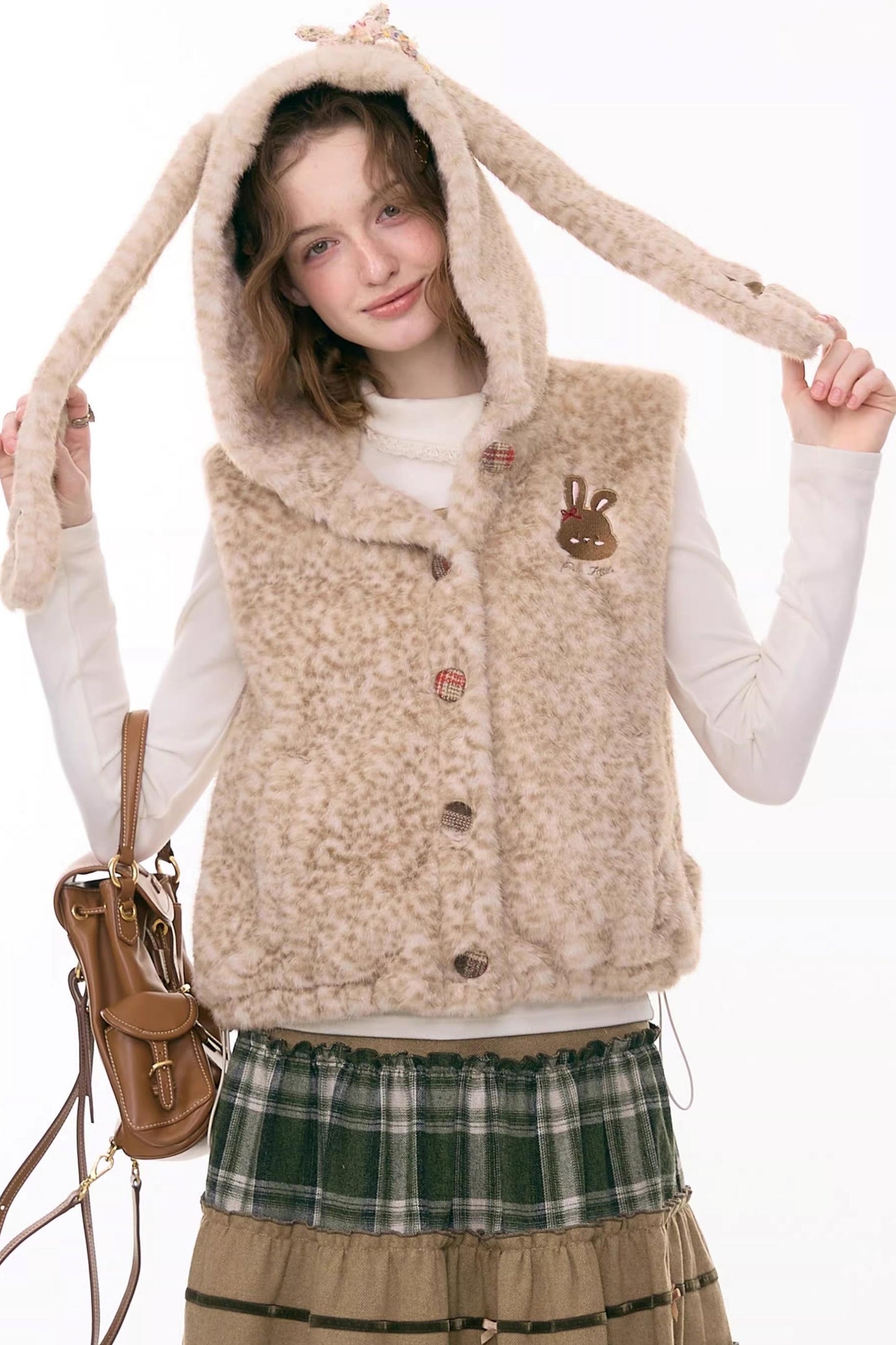 Black Leather Rabbit Hooded Vest Jacket