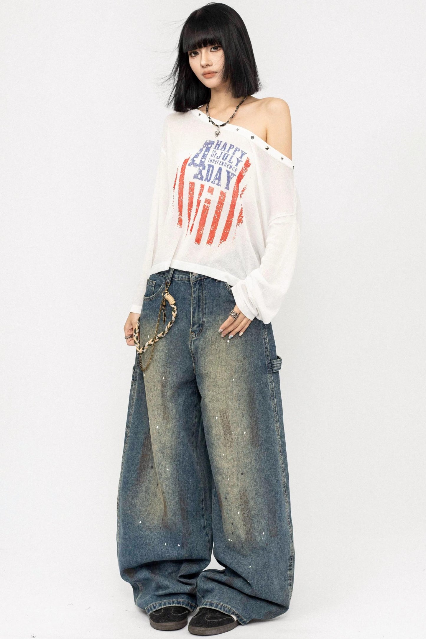 Slanted Shoulder Long Sleeve Top