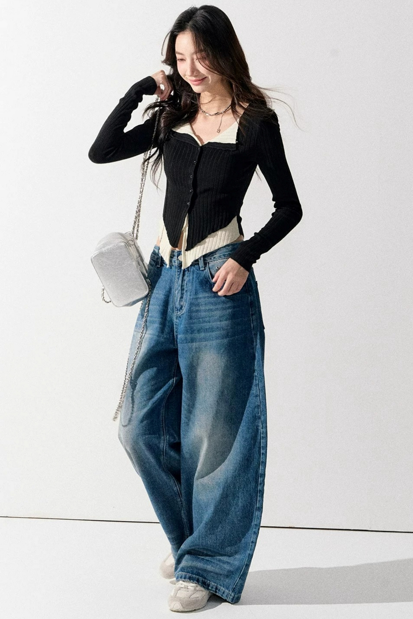 V-Neck Color-Blocked Knit Sweater