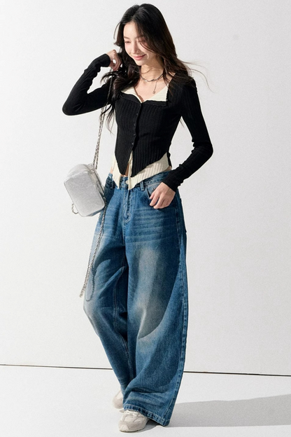 V-Neck Color-Blocked Knit Sweater