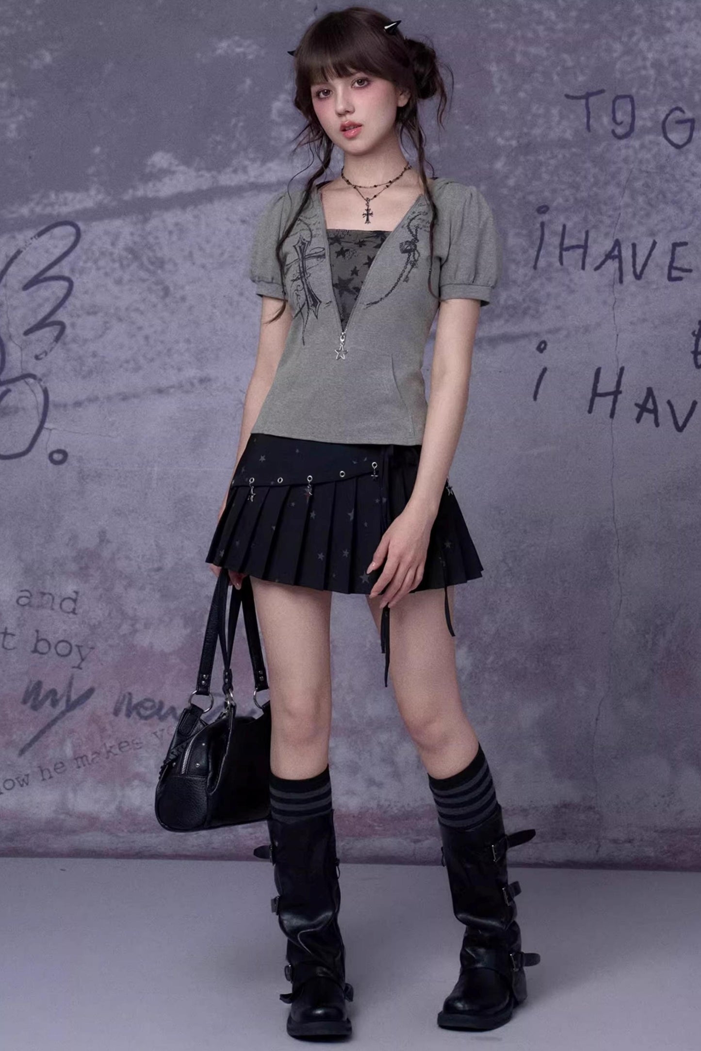 Gray Cross Hooded Top