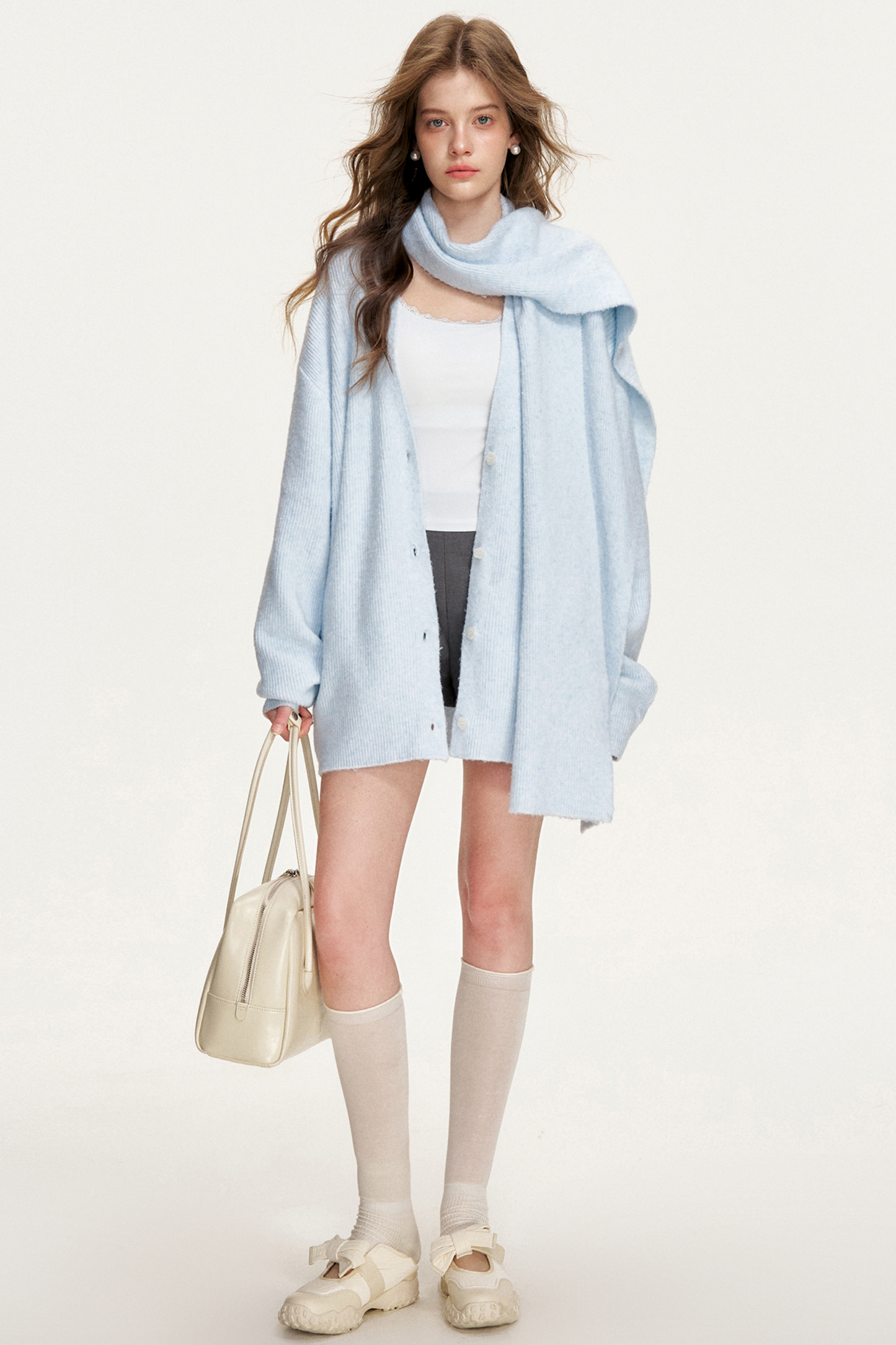 Cloudy Stroll Wool Cardigan Scarf Set