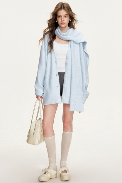 Cloudy Stroll Wool Cardigan Scarf Set