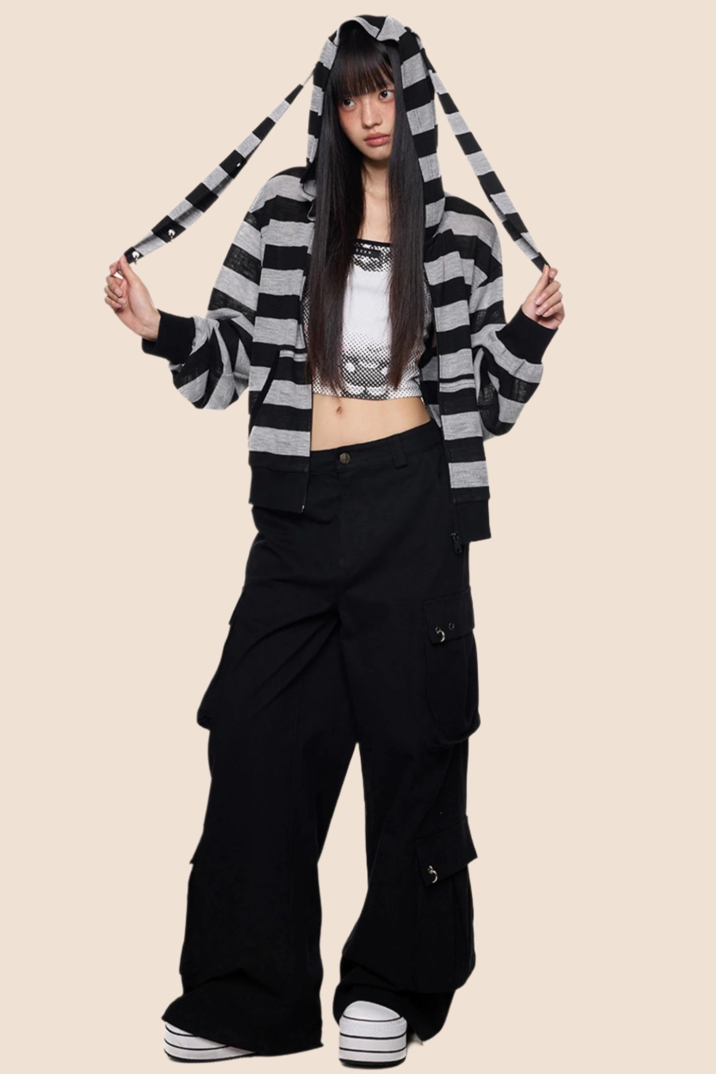 Rabbit Ears Stripe Hooded Long Sleeve Cardigan