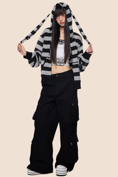 Rabbit Ears Stripe Hooded Long Sleeve Cardigan
