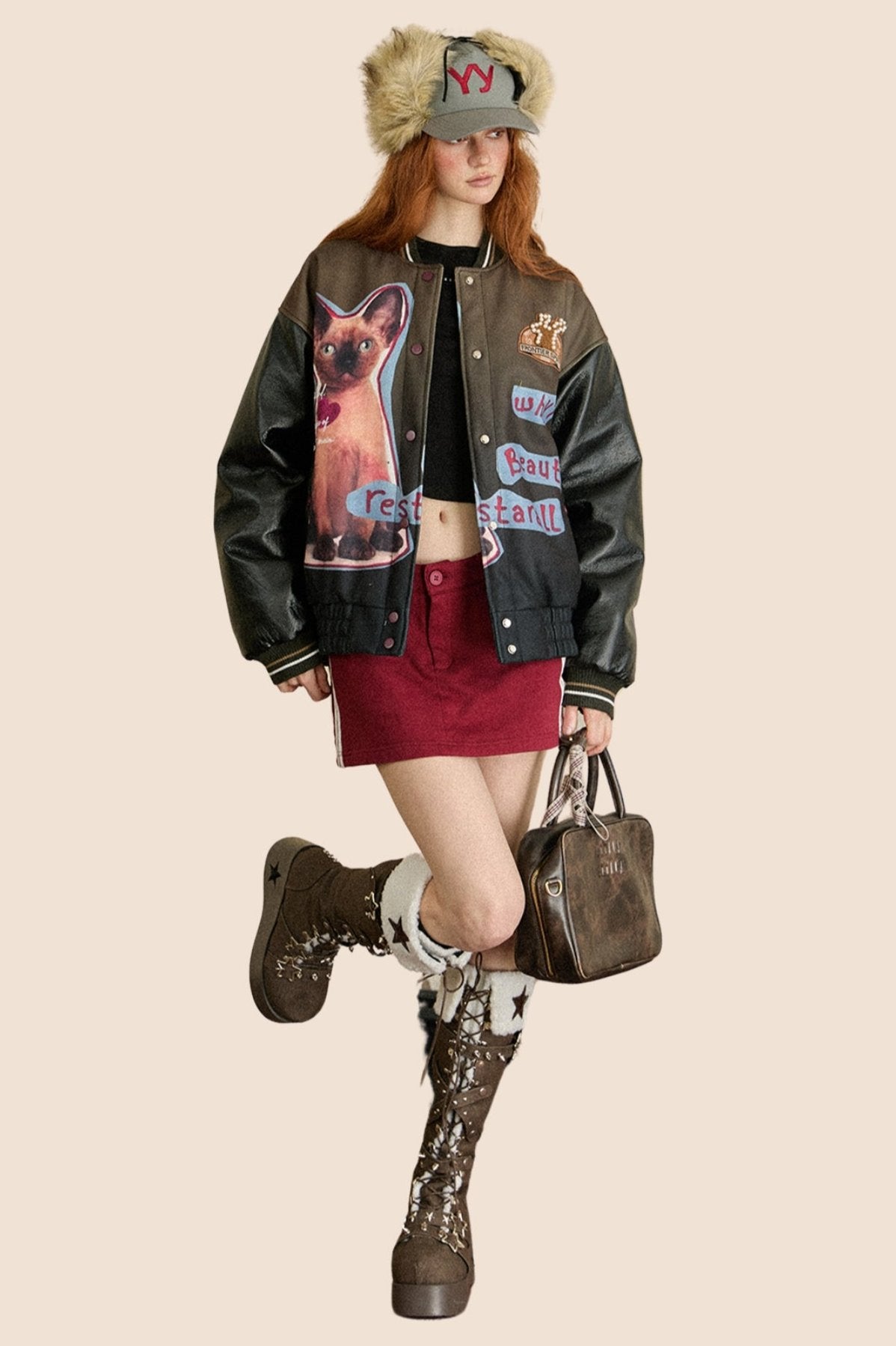 Vintage Dog Print Pu Leather Jacket