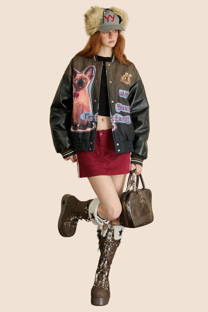 Vintage Dog Print PU Leather Jacket