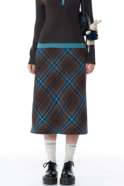 Blue Brown Retro Wool Skirt