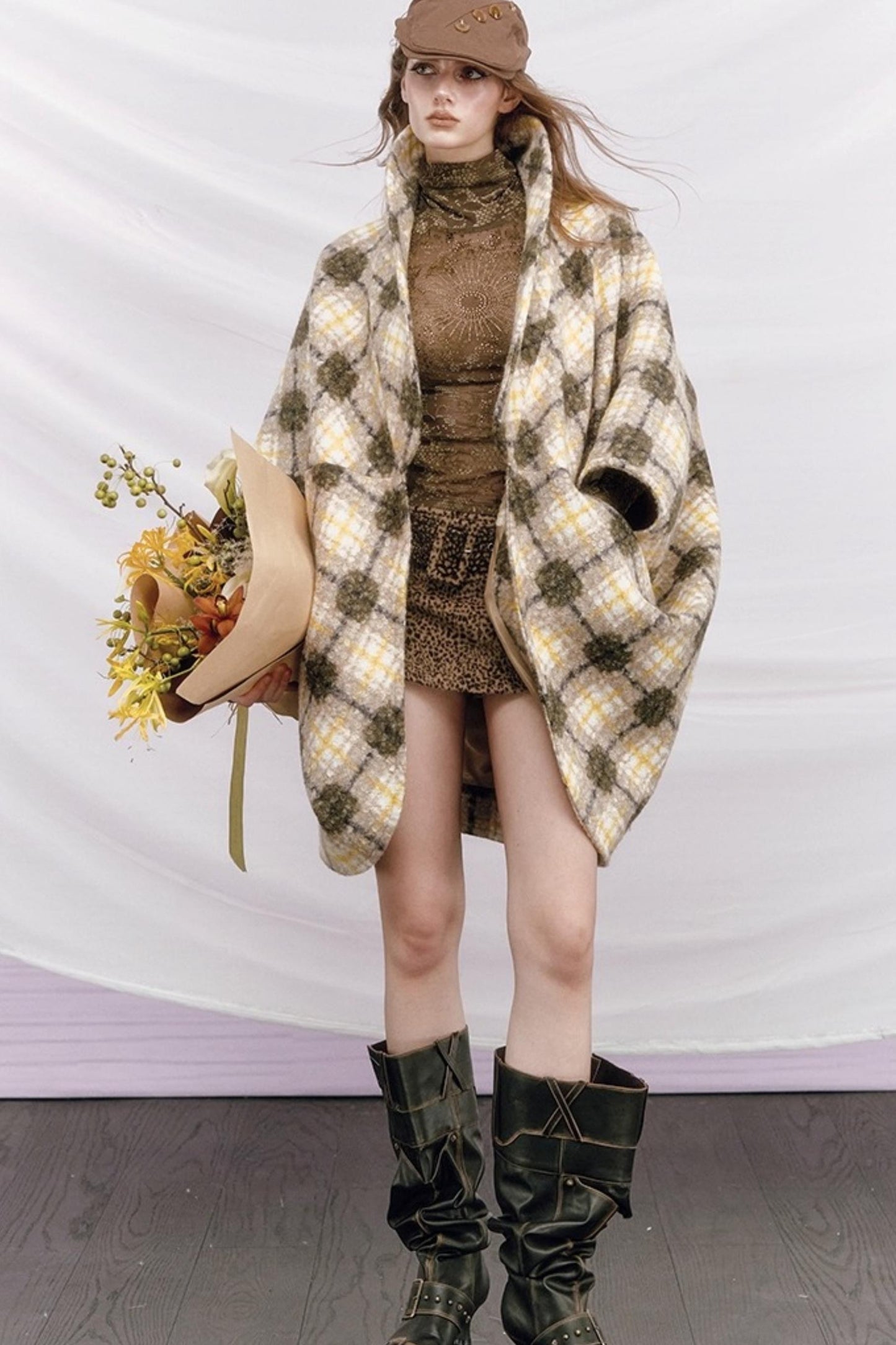 Plaid Fur Collar Woolen Coat