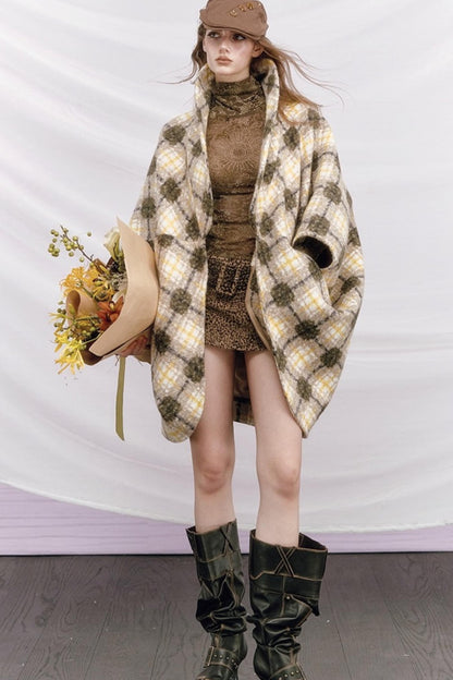 Plaid Fur Collar Woolen Coat