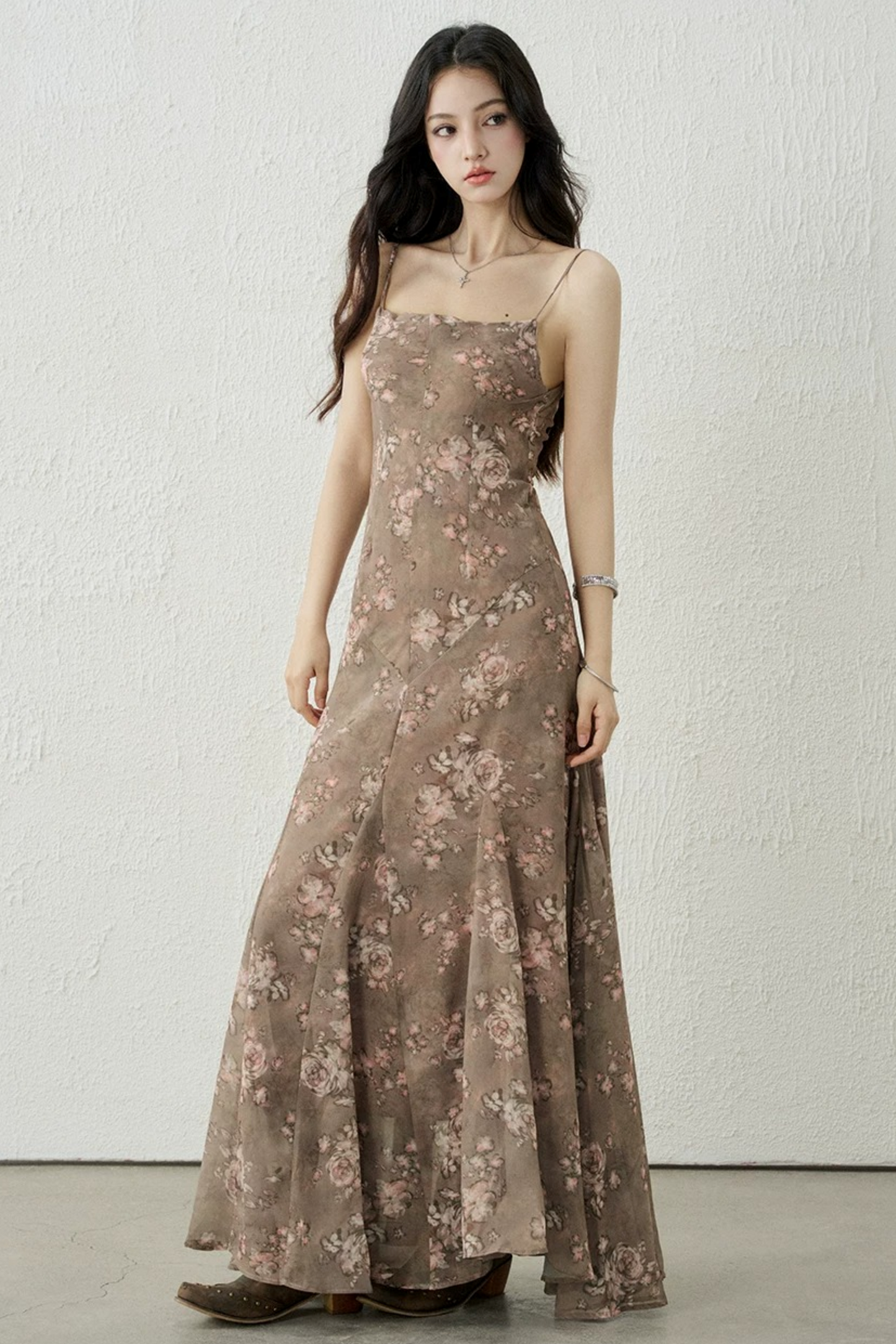 Chic Brown Floral Strap Dress