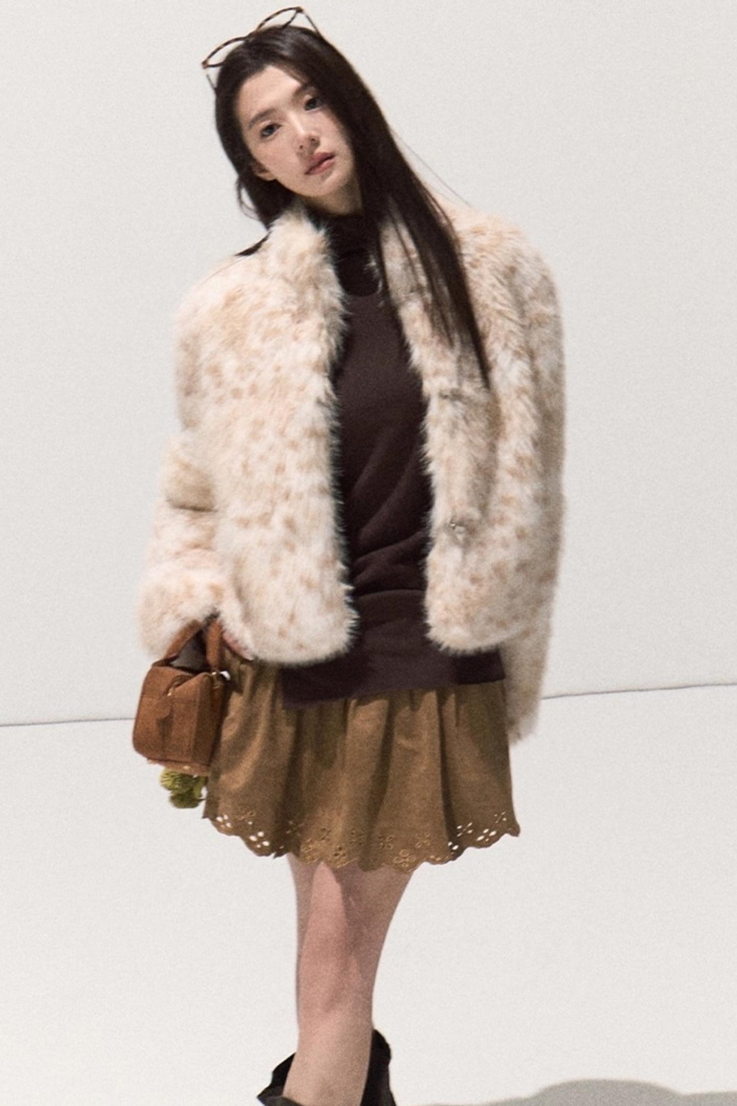 Girlish Leopard Print Fur Coat Set-Up