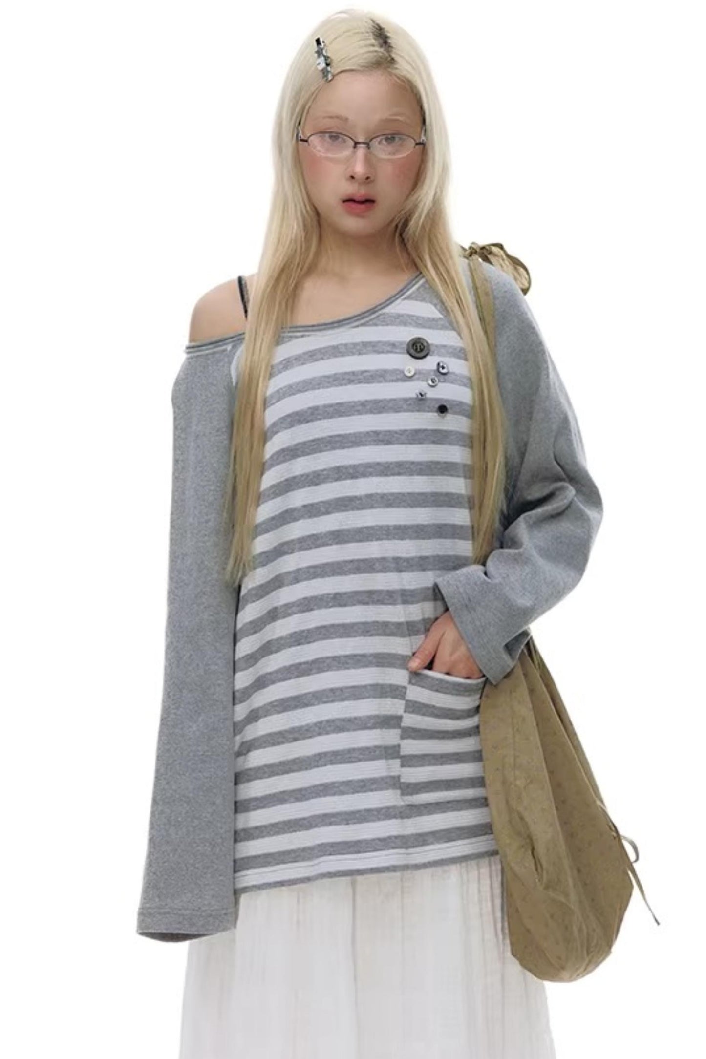 Button Striped Off-Shoulder Top