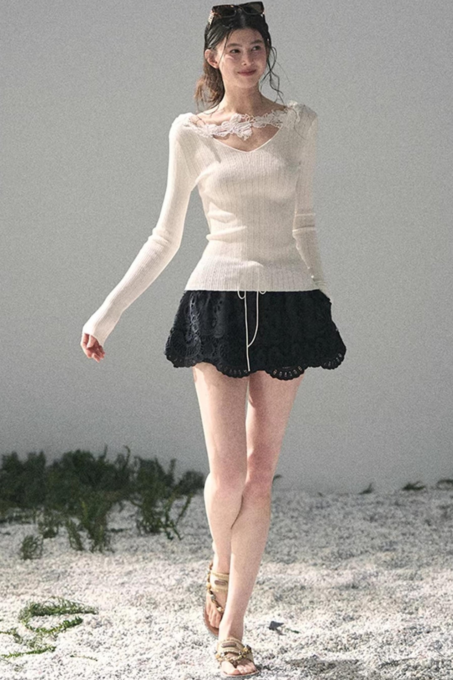 Lace-Trimmed Knitted Top