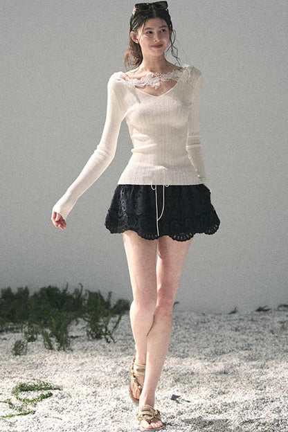 Lace-Trimmed Knitted Top
