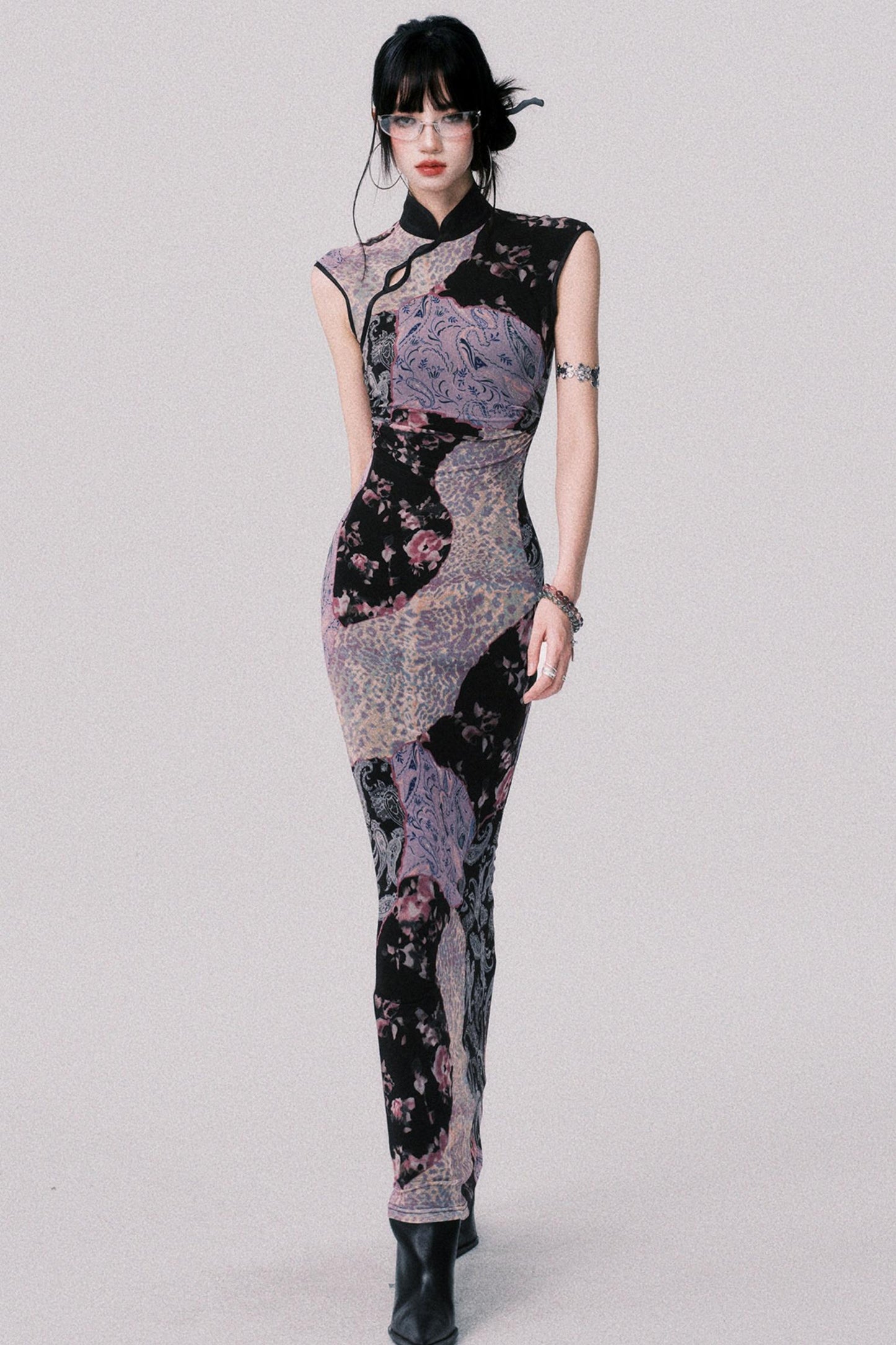 Smokey Purple Color-Block Cheongsam Dress