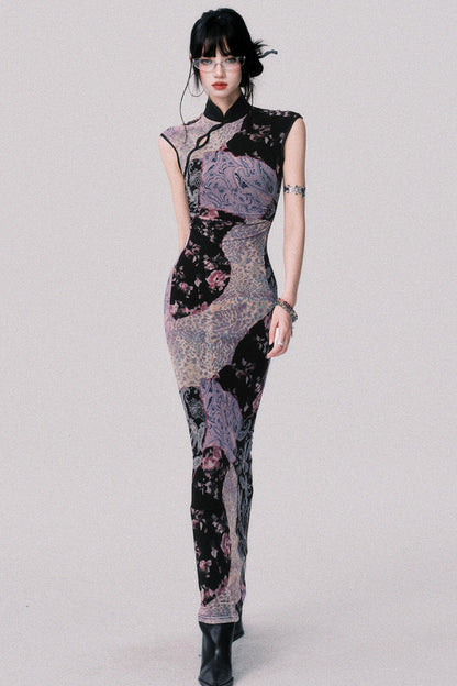 Smokey Purple Color-Block Cheongsam Dress