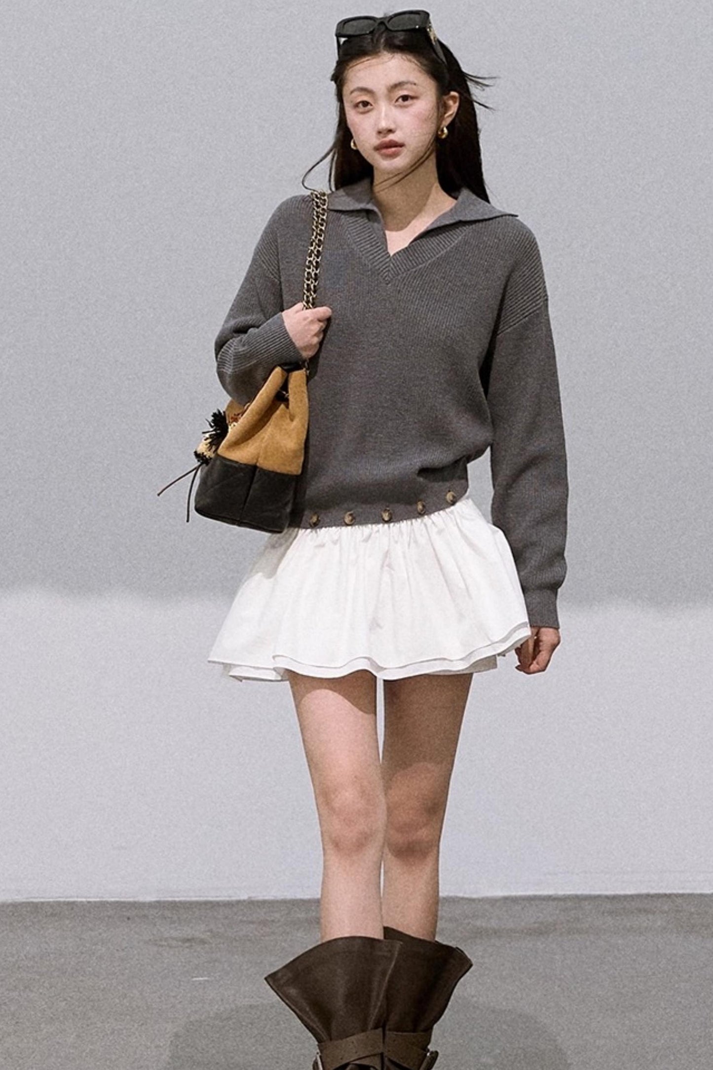 Wool V-Neck Detachable Skirt Dress