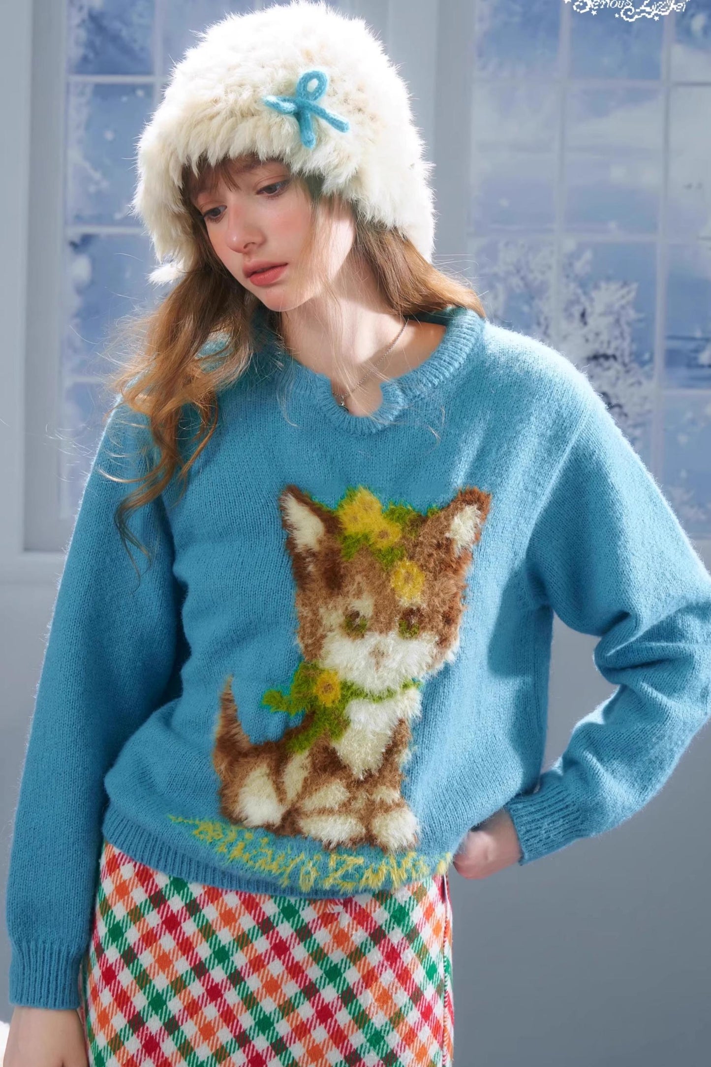 Cat Pattern Blue U Neck Sweater