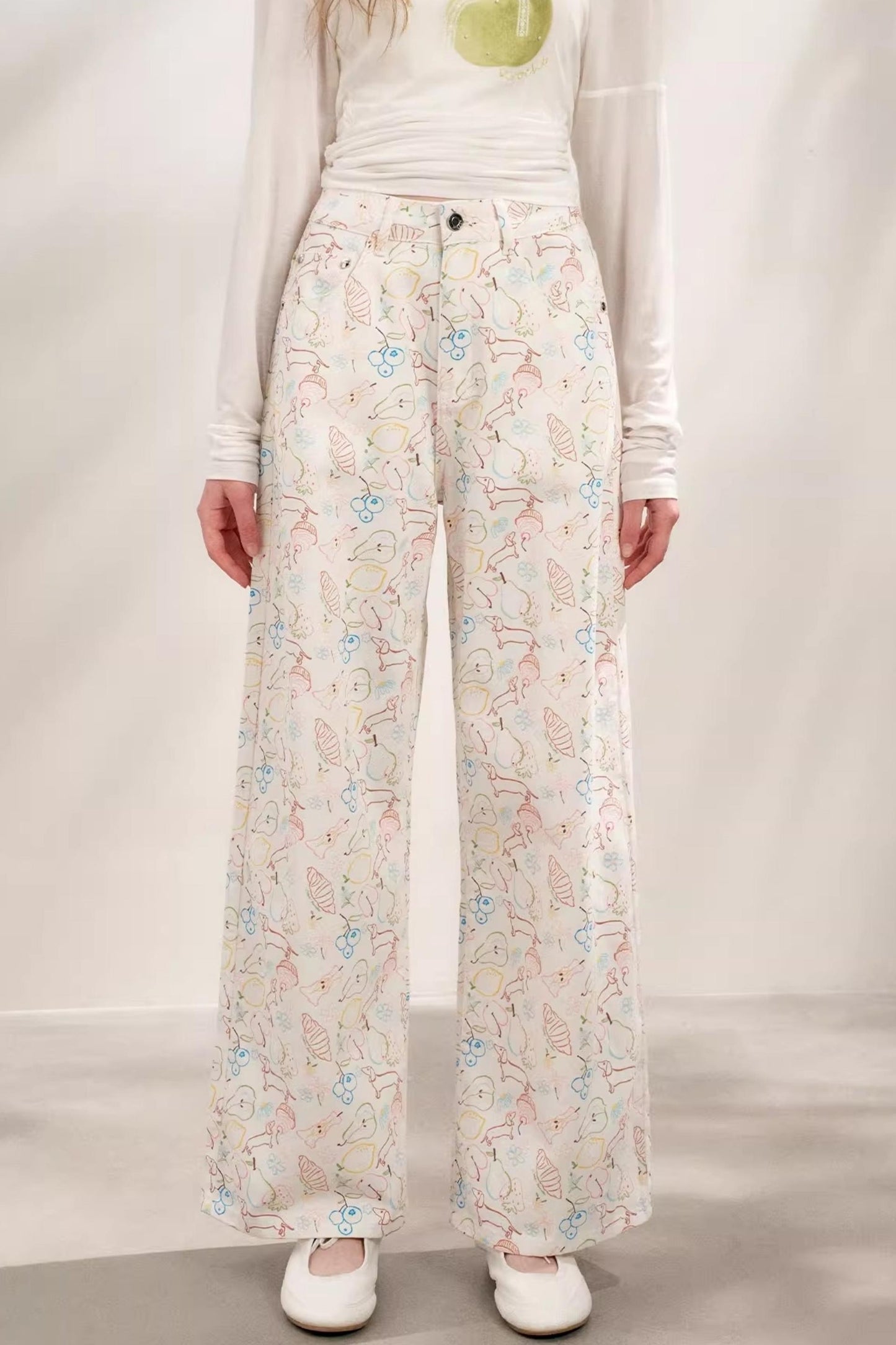 White Floral Wide-Leg Jeans
