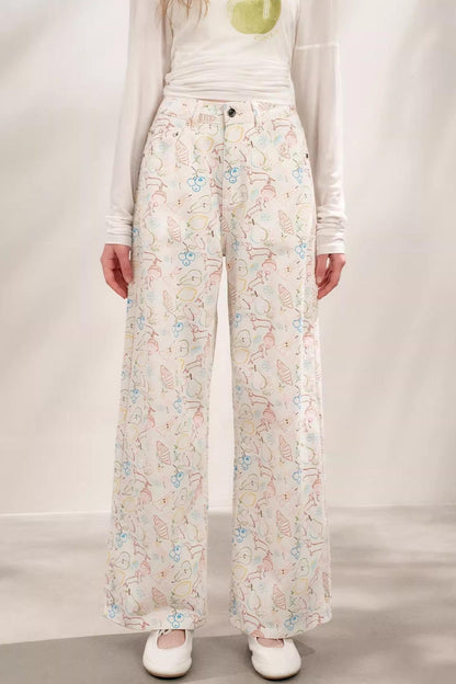 White Floral Wide-Leg Jeans