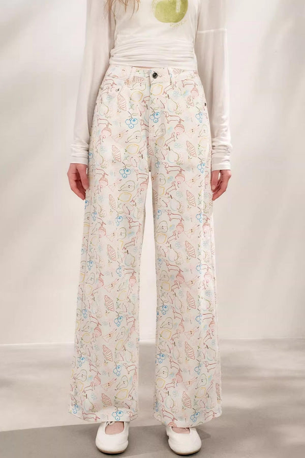White Floral Wide-Leg Jeans