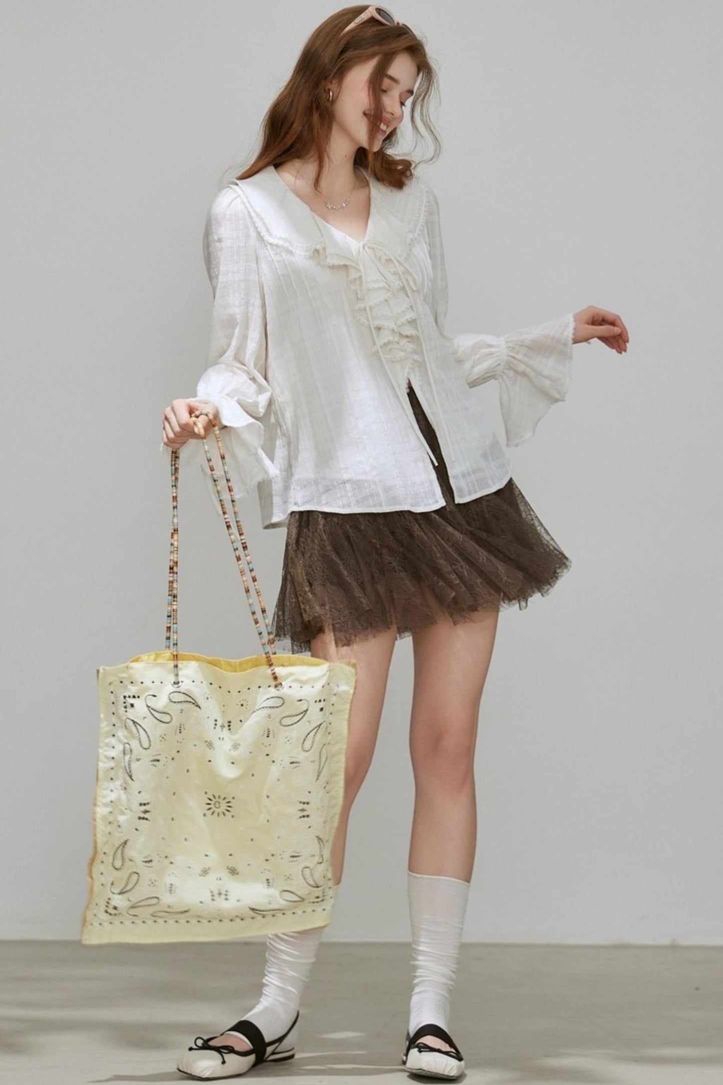 White V-Neck Ruffled French Top Shirt