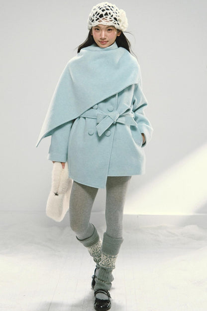 Mint Blue Tie-Up Wool Coat