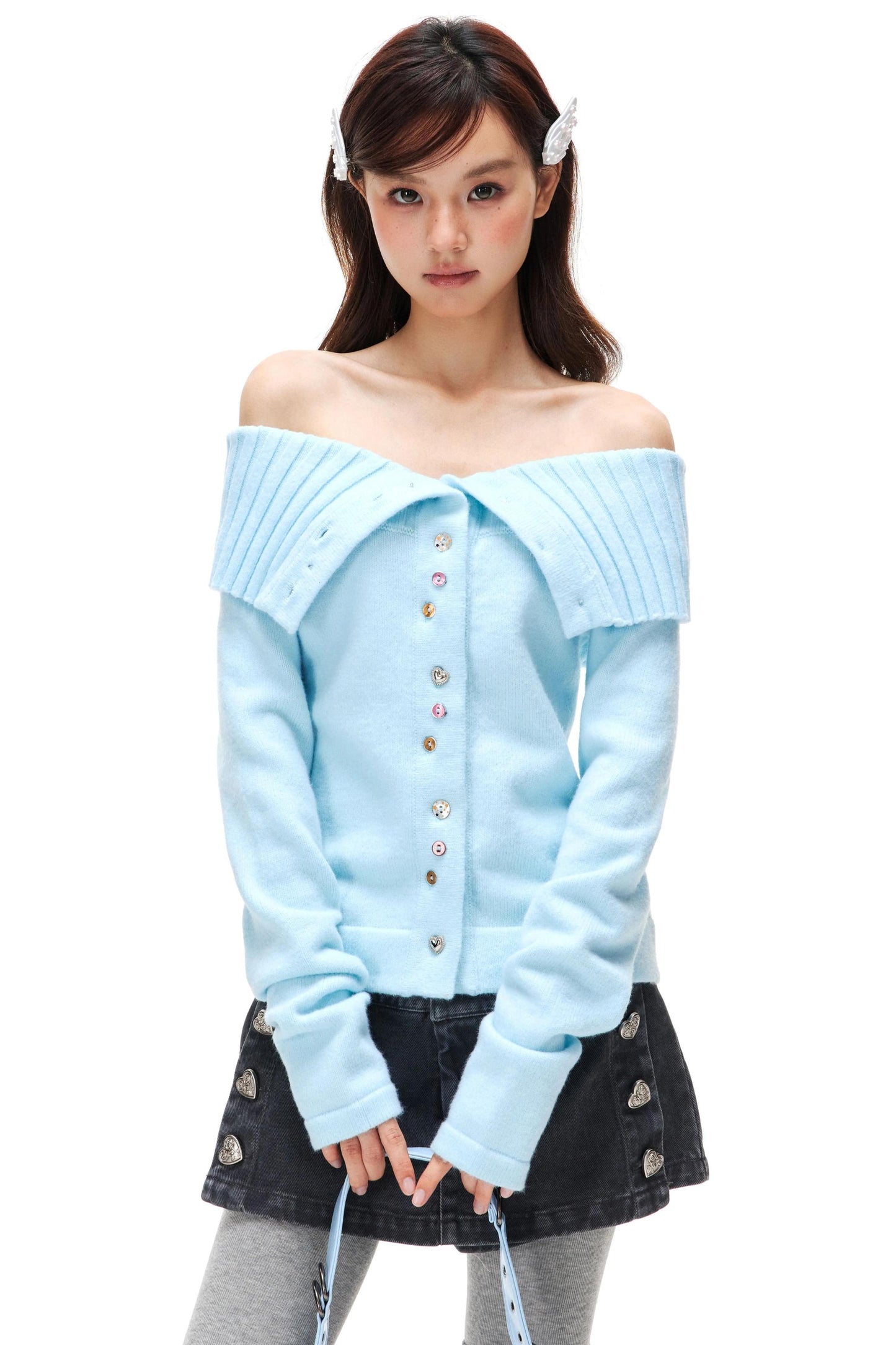 Colorful Button Off-Shoulder Knit Sweater