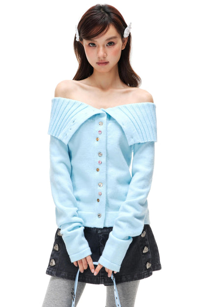 Colorful Button Off-Shoulder Knit Sweater